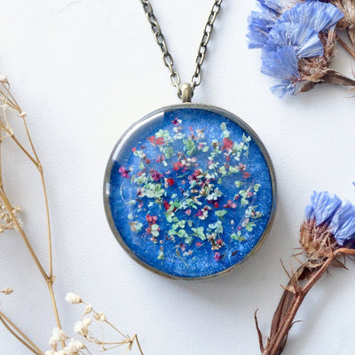 Real dried flowers in resin necklace, thick silver circle in blue, red, magenta, green, white