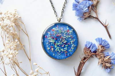 Real Dried Flowers in Resin Necklace, Thick Silver Circle in Blue, Red, Magenta, Green, White