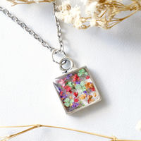 Real Dried Flowers in Resin Necklace, Silver Square in Red Pink Purple Green Orange - Thumbnail 3