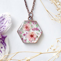 Real Dried Flowers in Resin Necklace, Copper Hexagon in Pinks and Green - Thumbnail 4