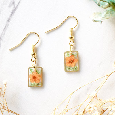 Real dried flowers and resin earrings, gold rectangle drops in orange and green