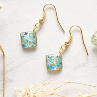 Real Dried Flowers and Resin Earrings, Gold Diamond Drops in Teal and Mint - Thumbnail 4
