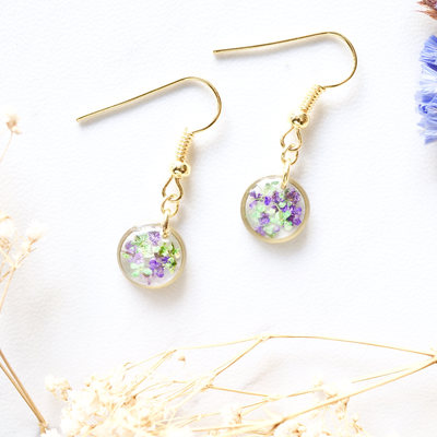 Real dried flowers and resin earrings, gold circle drops in purple green
