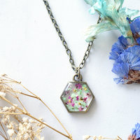 Real Dried Flowers in Resin Necklace, Hexagon in Magenta, Green, and Yellow - Thumbnail 1