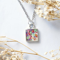 Real Dried Flowers in Resin Necklace, Silver Square in Red Pink Purple Green Orange - Thumbnail 4
