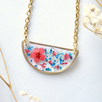 Real Dried Flowers in Resin Necklace, Half Circle in Blue and Red - Thumbnail 1