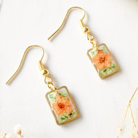 Real Dried Flowers and Resin Earrings, Gold Rectangle Drops in Orange and Green - Thumbnail 1