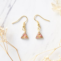 Real Dried Flowers and Resin Earrings, Gold Triangle Drops in Pink and Yellow - Thumbnail 1