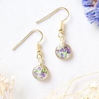 Real Dried Flowers and Resin Earrings, Gold Circle Drops in Purple Green - Thumbnail 1