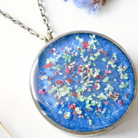 Real Dried Flowers in Resin Necklace, Thick Silver Circle in Blue, Red, Magenta, Green, White - Thumbnail 1