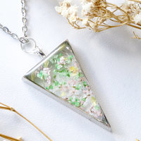 Real Pressed Flower and Resin Necklace Silver Triangle in Green, Pastel Pink, and Yellow - Thumbnail 1