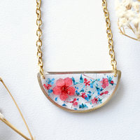 Real Dried Flowers in Resin Necklace, Half Circle in Blue and Red - Thumbnail 2