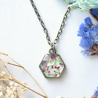 Real Dried Flowers in Resin Necklace, Hexagon in Magenta, Green, and Yellow - Thumbnail 3