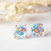 Real Dried Flowers and Resin Square Stud Earrings in Party Mix - Thumbnail 1