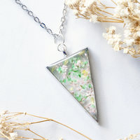Real Pressed Flower and Resin Necklace Silver Triangle in Green, Pastel Pink, and Yellow - Thumbnail 2