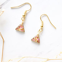 Real Dried Flowers and Resin Earrings, Gold Triangle Drops in Pink and Yellow - Thumbnail 3