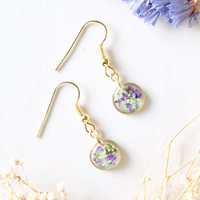 Real Dried Flowers and Resin Earrings, Gold Circle Drops in Purple Green - Thumbnail 3