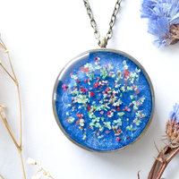 Real Dried Flowers in Resin Necklace, Thick Silver Circle in Blue, Red, Magenta, Green, White - Thumbnail 2