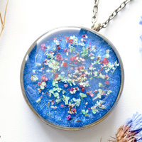 Real Dried Flowers in Resin Necklace, Thick Silver Circle in Blue, Red, Magenta, Green, White - Thumbnail 3