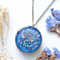 Real Dried Flowers in Resin Necklace, Thick Silver Circle in Blue, Red, Magenta, Green, White - Thumbnail 4