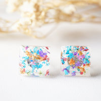 Real Dried Flowers and Resin Square Stud Earrings in Party Mix - Thumbnail 4