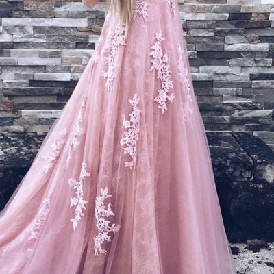 Beautiful a-line crew court train backless pink tulle prom dress with appliques