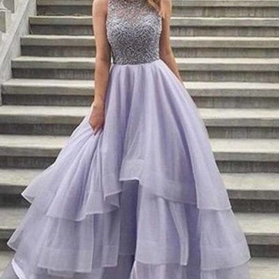 Sexy lavender tulle round neck amazing a-line long prom dresses
