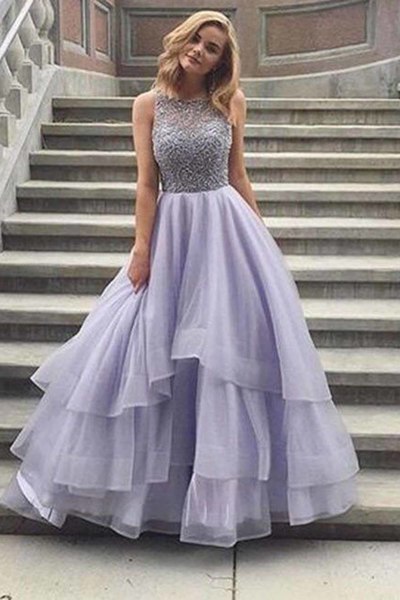 Sexy Lavender Tulle round neck amazing A-line long prom dresses