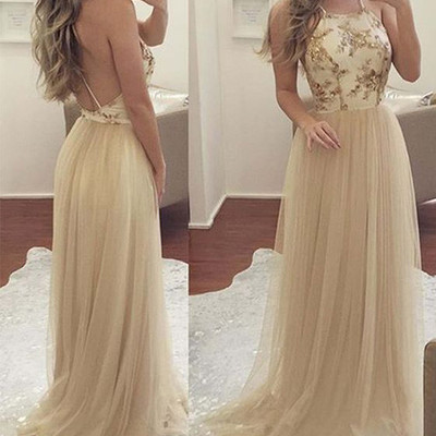 Champagne simple a-line halter sexy tulle long prom/evening dress