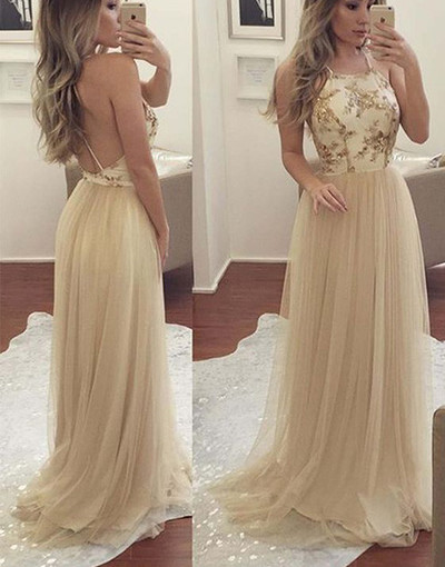 Champagne Simple A-Line Halter Sexy Tulle Long Prom/Evening Dress