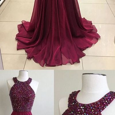 Burgundy cute a-line chiffon long prom/evening dress with beading