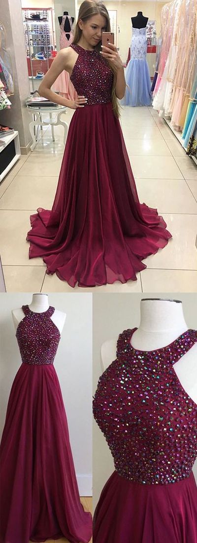 Burgundy Cute A-Line Chiffon Long Prom/Evening Dress with Beading