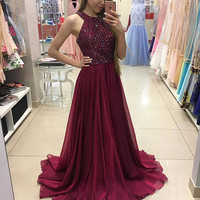 Burgundy Cute A-Line Chiffon Long Prom/Evening Dress with Beading - Thumbnail 1