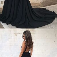 Sexy Deep V Neck Prom Dress , Chiffon Black Long Prom Dress with Train - Thumbnail 1