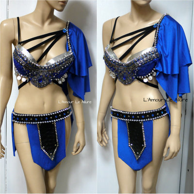 Blue and Silver Gypsy Gladiator Dance Costume Bra Rave Wear Halloween Middle Lands Viking Medieval Renaissance