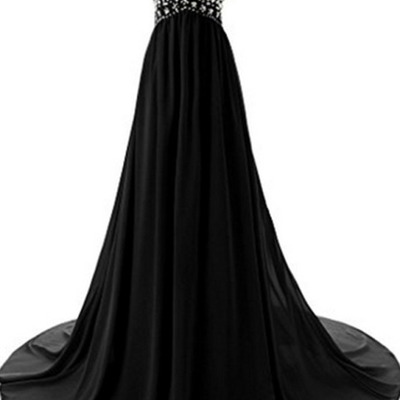 Sweetheart neck a-line black chiffon prom dresses crystals women party dresses