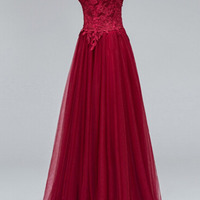 Off Shoulder Tulle Prom Dresses Lace Appliques Floor Length Women Dresses - Thumbnail 1