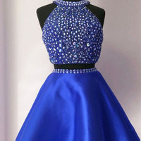 Two Pieces Short Satin Prom Dresses Halter Neck Crystals Women Dresses - Thumbnail 2