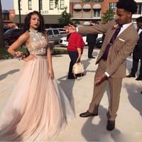 Luxury Black Girl Prom Dress New Two Pieces Crystal Beads Prom Dresses Sexy High Neck Crop Top Open Back Party Dresses Tulle Long Evening Gowns - Thumbnail 1