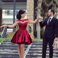 New Fashion Mini Short Prom Dress Burgundy Satin Long Sleeve Short Prom Dresses - Thumbnail 3
