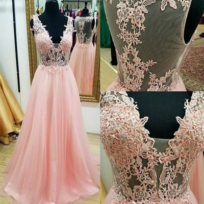 Deep v-neck tulle prom dresses lace appliques women party dresses