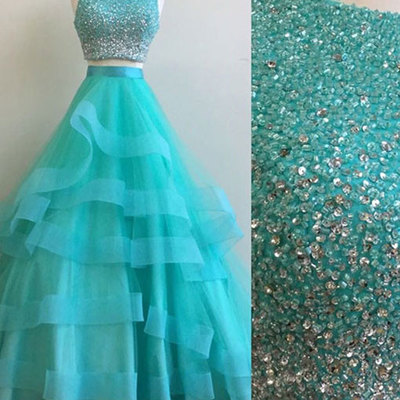 Two pieces tulle prom dresses crystals beaded women dresses