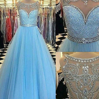 Scoop neck a-line tulle prom dresses crystals beaded floor length women dresses