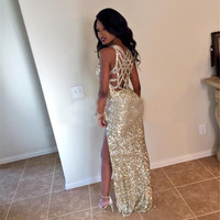 Sexy Black Girl Prom Dress High Quality Sequin Modest Evening Dresses Spaghetti Straps V-Neck Backless High Split Prom Dress - Thumbnail 1