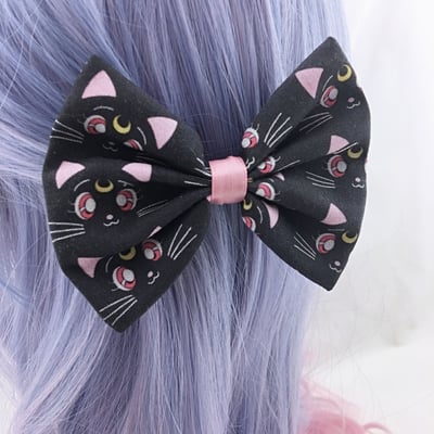 Luna black cat printed hair bow - sailor scout, moon stick - sailor moon inspired kawaii fabric hair clip 