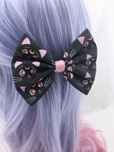 Luna Black Cat Printed Hair Bow - Sailor Scout, Moon Stick - Sailor Moon Inspired Kawaii Fabric Hair Clip 