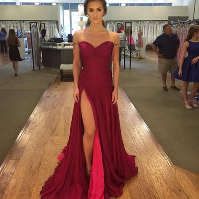 Sexy open back prom dress, slit evening dress,burgundy graduation dress
