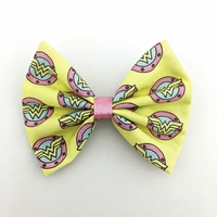 Pastel Wonder Woman Hand Drawn Yellow & Pink Fabric Hair Bow Comic Book Superhero Hair Clip - Thumbnail 1