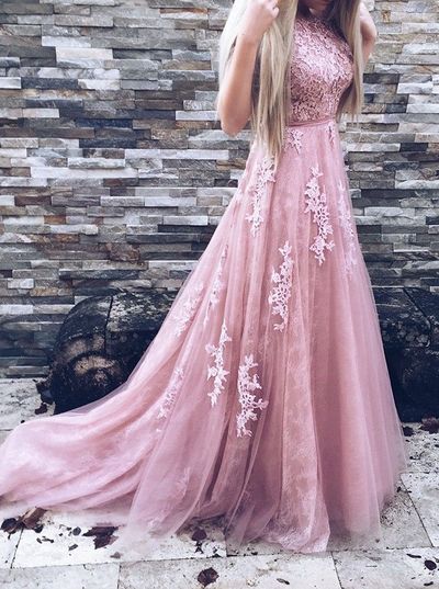 Pink  lace tulle long prom dress, pink evening dress