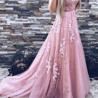 Pink  lace tulle long prom dress, pink evening dress - Thumbnail 1